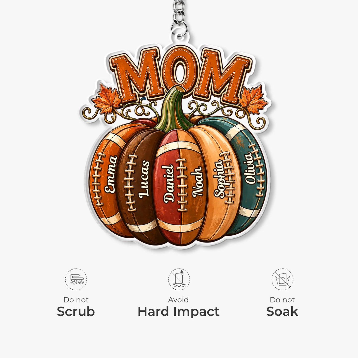Custom Football Pumpkin Keychain with Kids Names - Personalized Fall Autumn Gift for Mom Dad