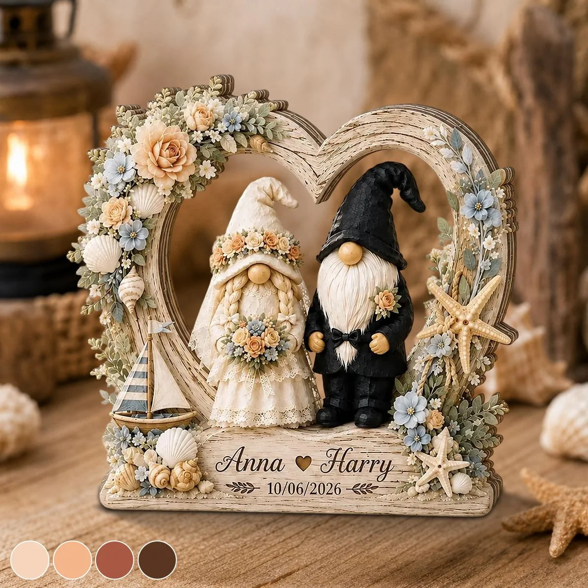 Personalized Coastal Wedding Gnome Wooden Block - Custom Beach Couple Name Keepsake Gift