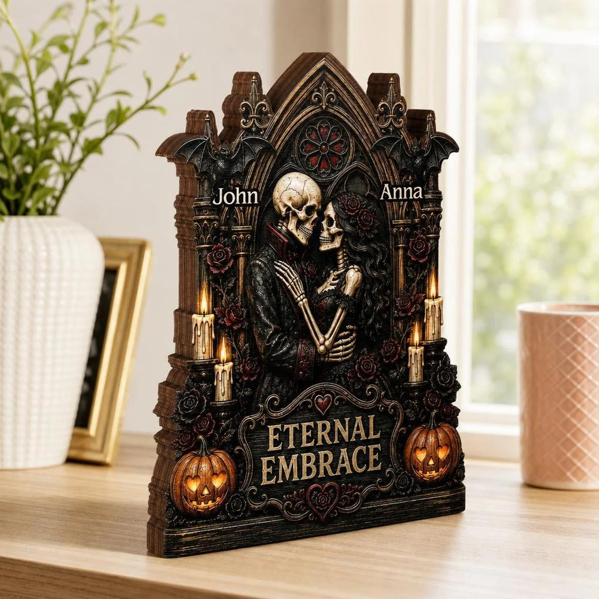 Eternal Embrace Custom Skeleton Couple Wooden Block - Personalized Gothic Anniversary Gift for Husband or Wife
