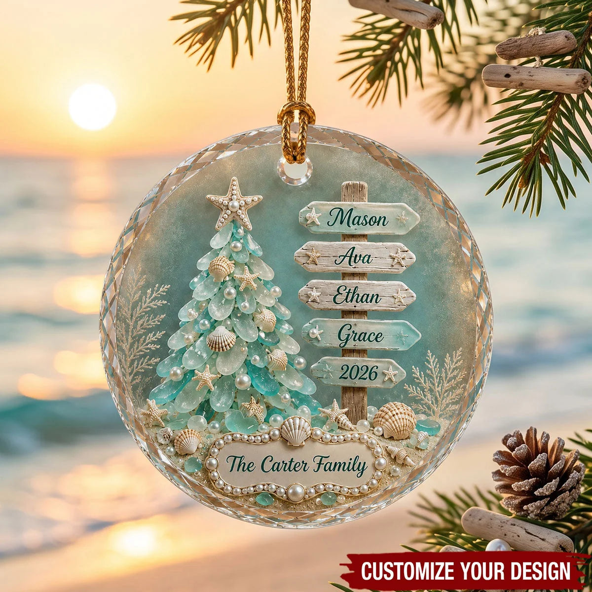 Coastal Sea Glass Tree Personalized Glass Ornament - Christmas Keepsake for Family