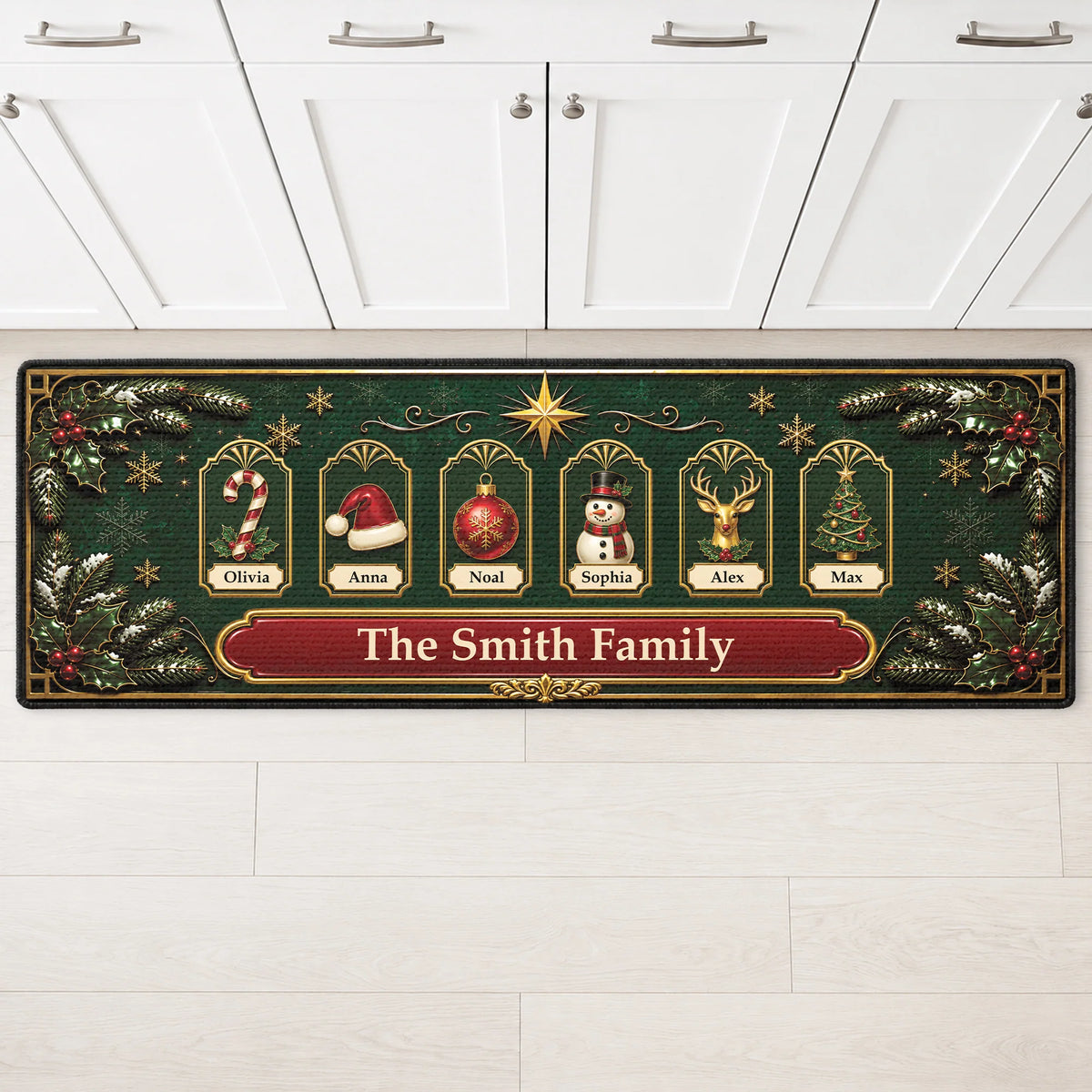 Custom Family Name Christmas Runner Rug - Personalized Holiday Kitchen Mat Decor