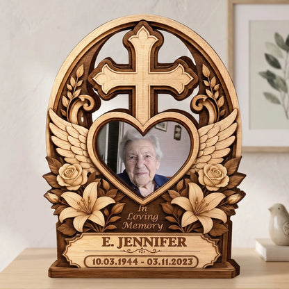 "In Loving Memory" Personalized Memorial Wooden Block - Custom Photo Cross Gift for Family