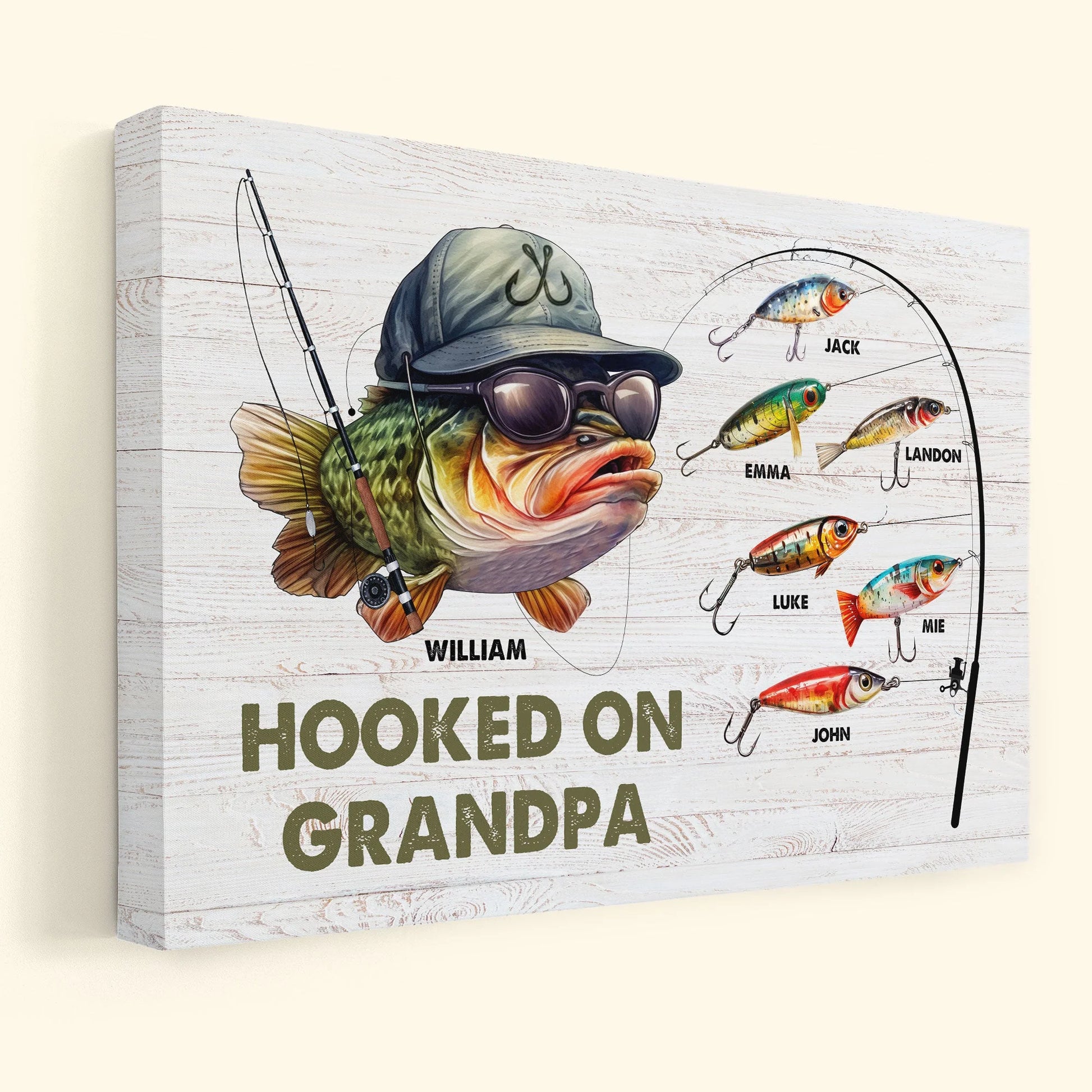 Hooked On Grandpa Personalized Canvas / Poster - Custom Grandkids Fishing Wall Art Gift for Dad & Grandpa