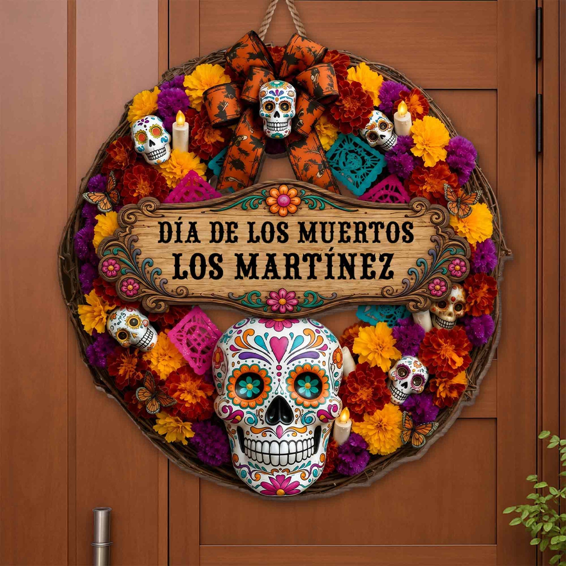 Día De Los Muertos Personalized Wood Sign - Custom Family Sugar Skull Wreath Decor