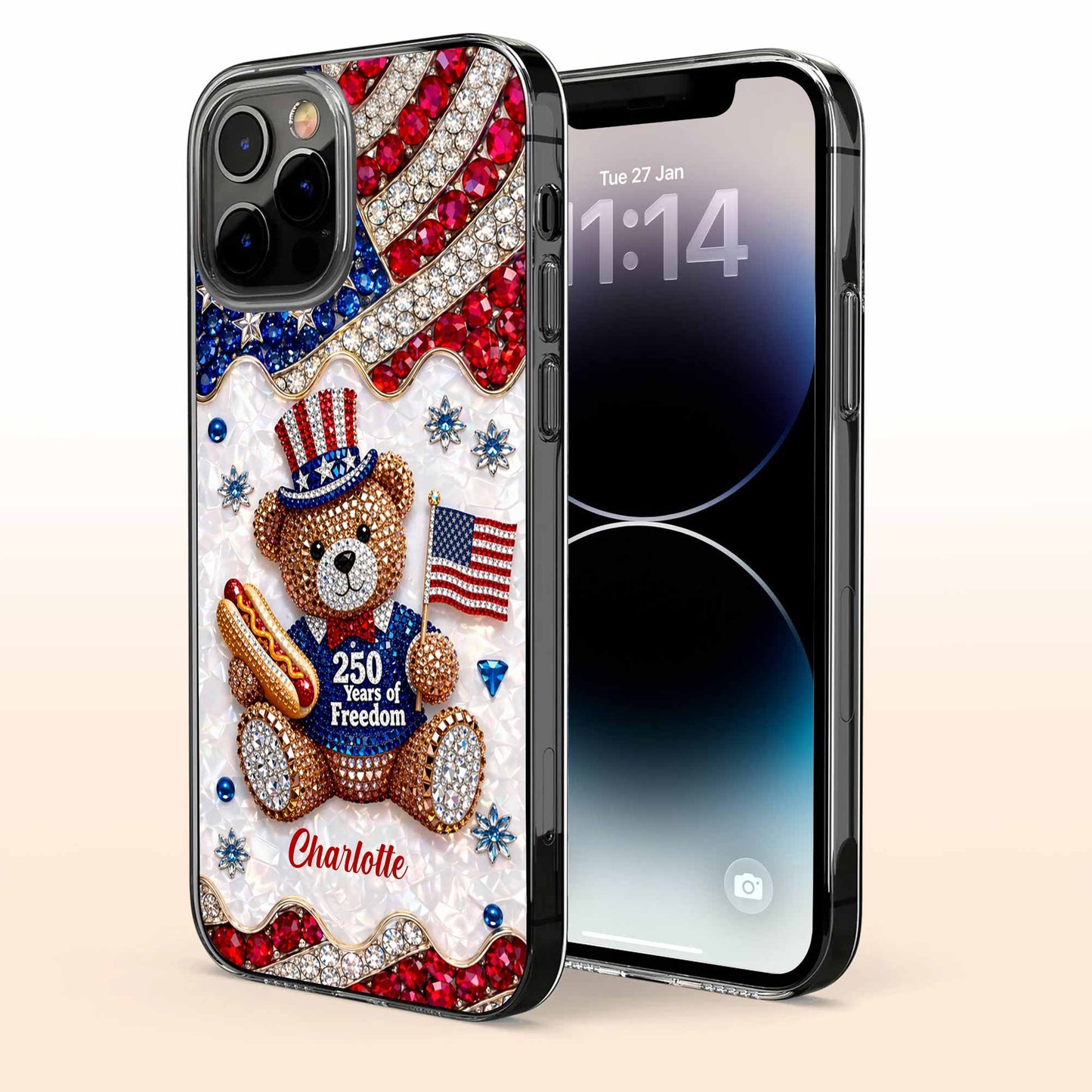 Patriotic clear phone case with 250 Years of Freedom teddy bear and custom name for iPhone and Samsung image 8
