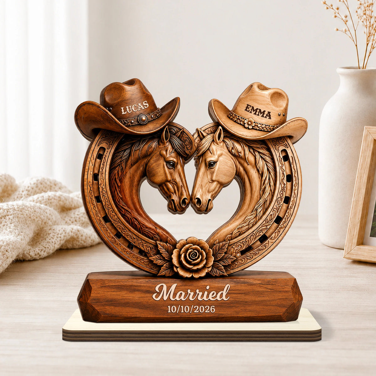Engaged Horse Horseshoe Couple Wooden Plaque - Personalized Wedding Keepsake Gift