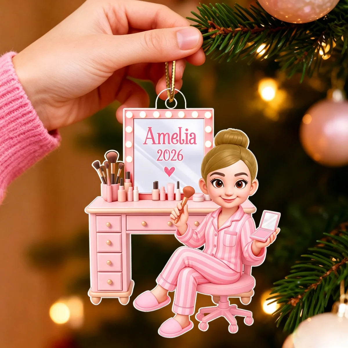 Personalized Pink Makeup Acrylic Ornament - Custom Vanity Christmas Gift for Daughter & Granddaughter