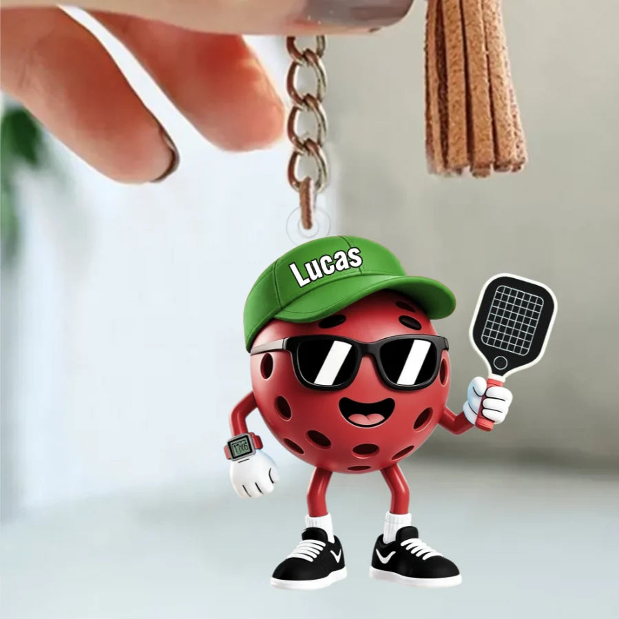 Personalized Pickleball Player Keychain - Custom Cartoon Pickleball Lover Bag Tag Gift
