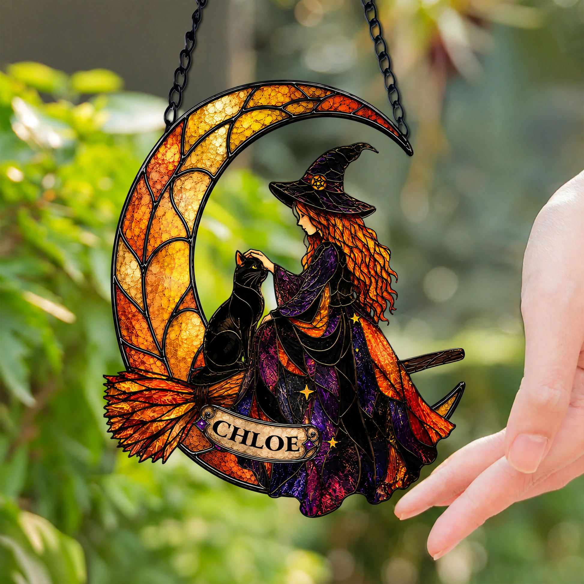 Personalized Witch and Black Cat Suncatcher Ornament - Custom Halloween Keepsake Decor