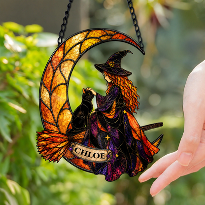 Personalized Witch and Black Cat Suncatcher Ornament - Custom Halloween Keepsake Decor