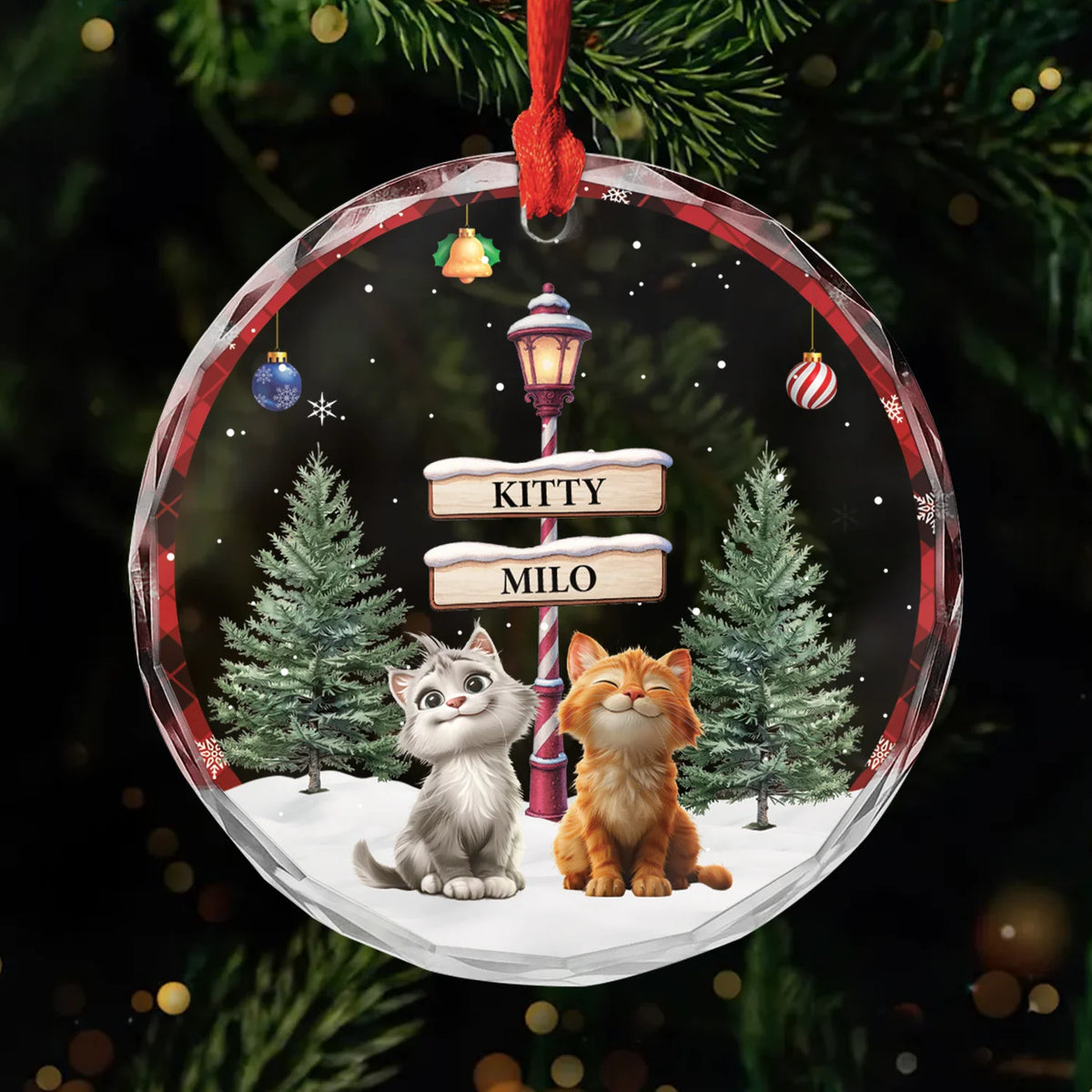 Personalized Cat Christmas Glass Ornament - Custom Kitty Names Holiday Keepsake