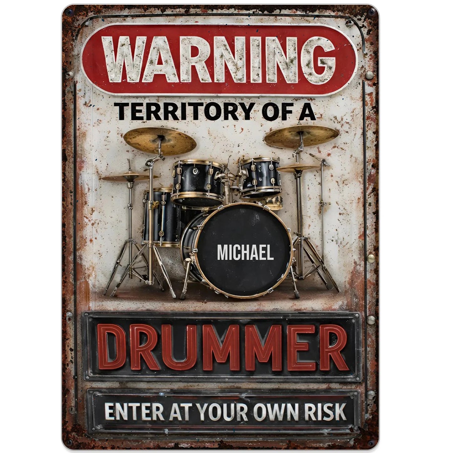 Personalized drummer metal sign featuring a classic drum kit design with custom name print for music room decor image 10