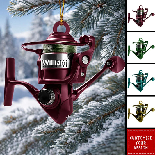 Personalized Fishing Reel Christmas Ornament for Dad with personalized design details for meaningful gifting