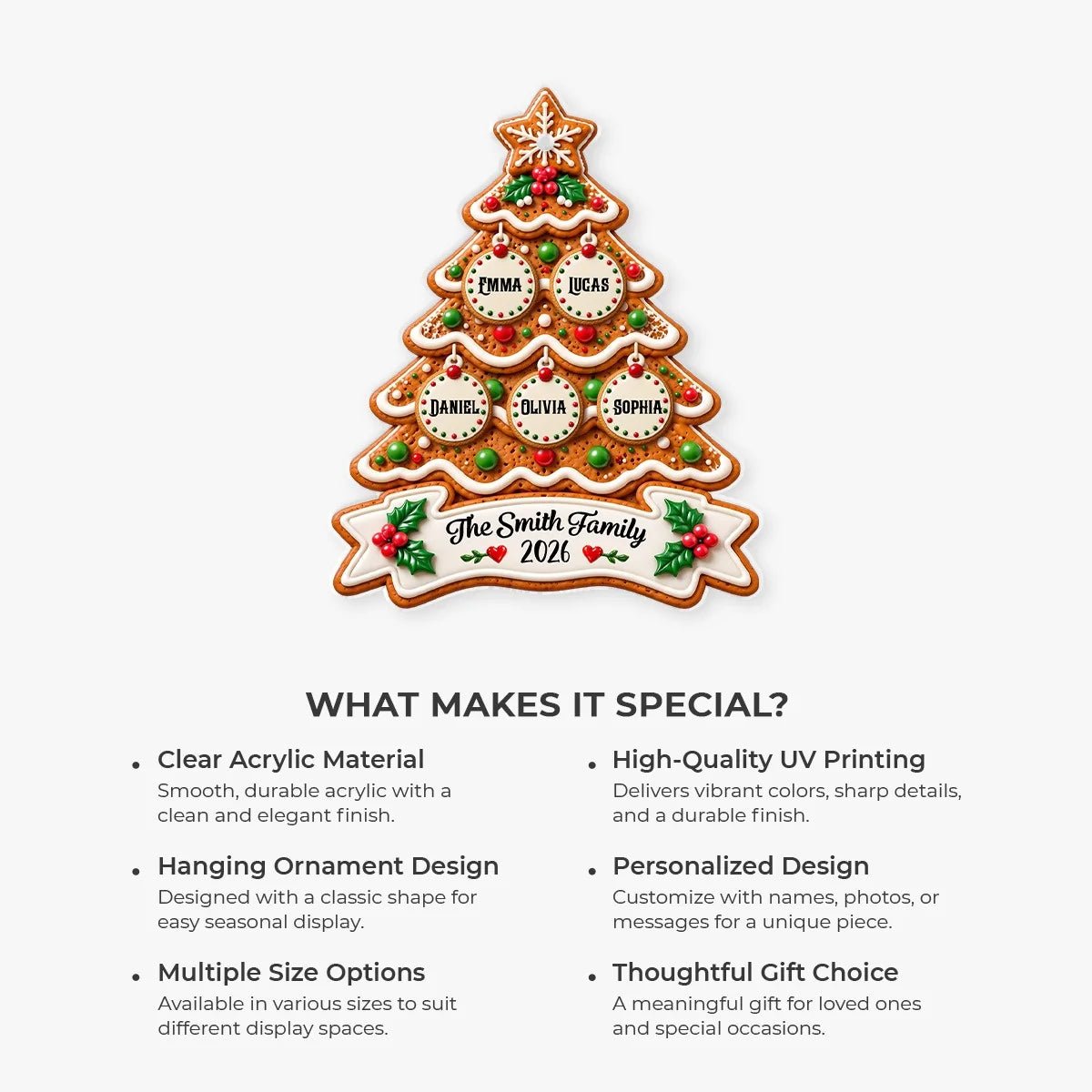 Custom Gingerbread Family Tree Acrylic Ornament - Personalized Holiday Keepsake Gift