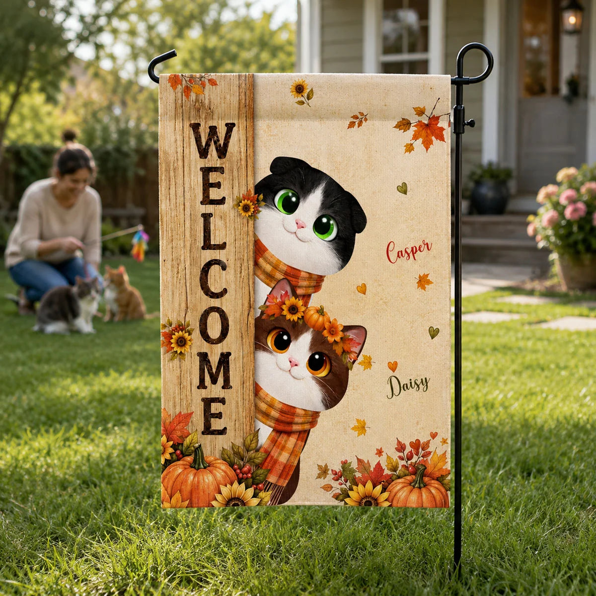Welcome Cozy Fall Peeking Cats Personalized Garden Flag - Custom Cat Lovers Autumn Yard Decor