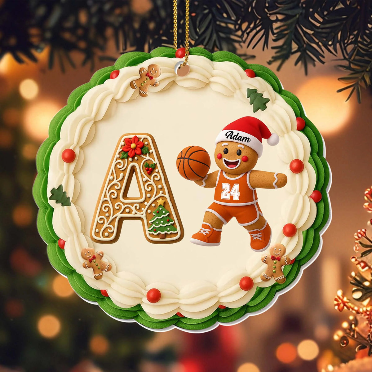 Customizable Christmas Ornament With Gingerbread And Basketball