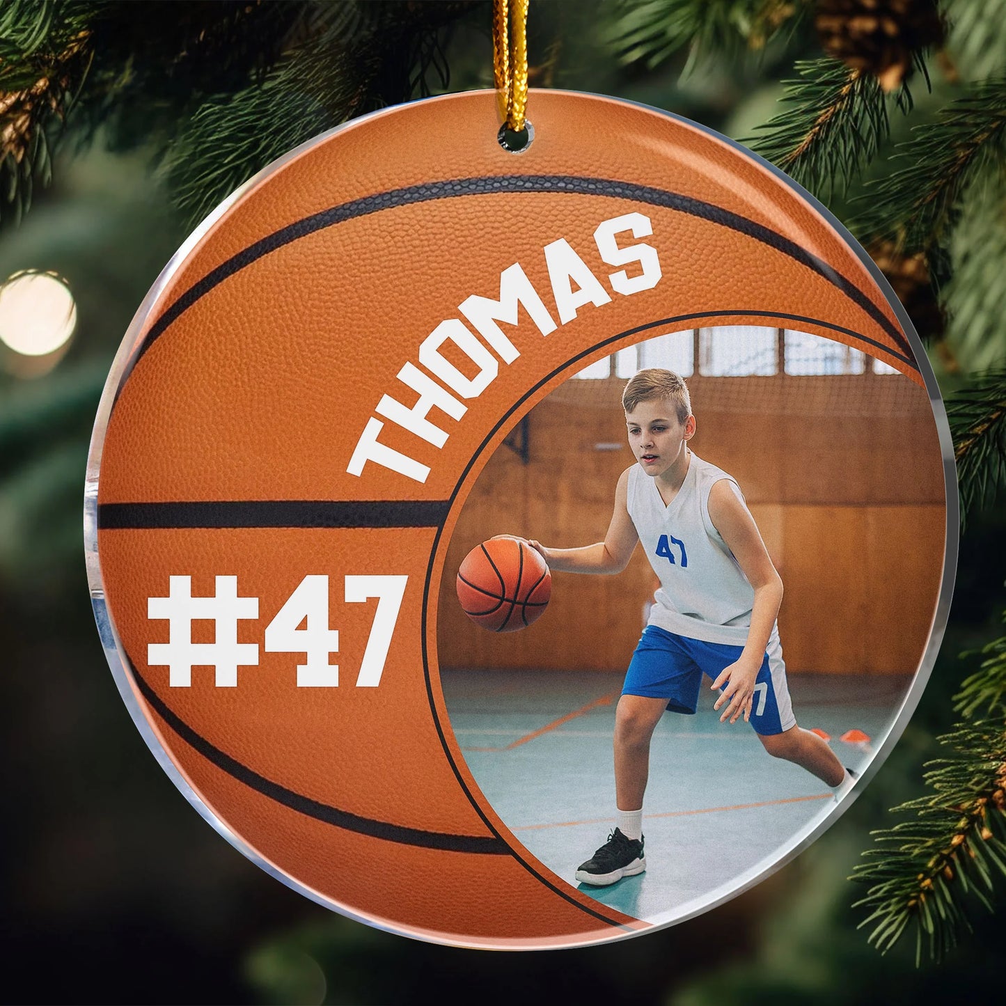 Personalized basketball photo ornament with custom jersey number and player image for youth athlete christmas gift