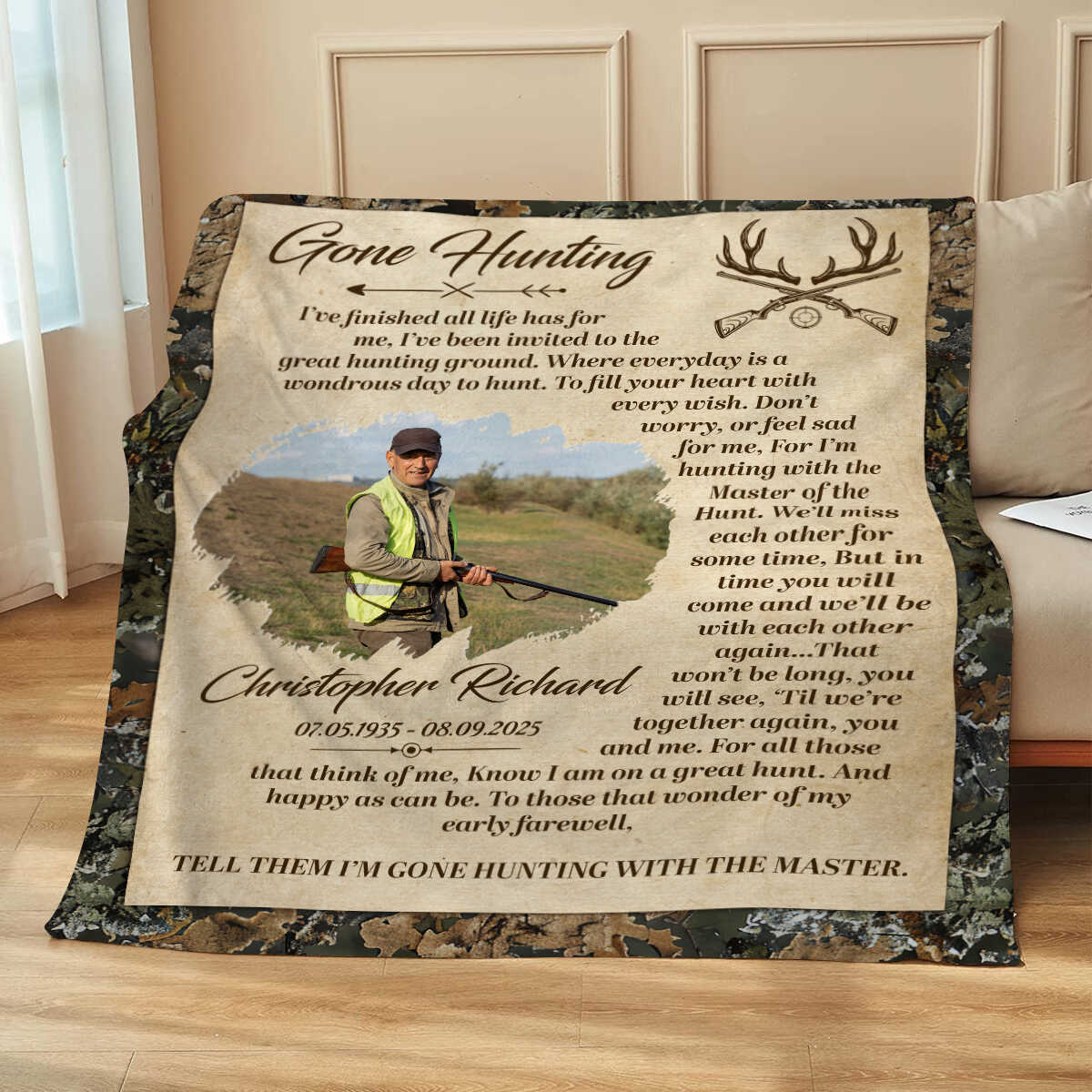 Personalized hunter memorial blanket with custom photo print and Gone Hunting quote for sympathy remembrance gift image 6
