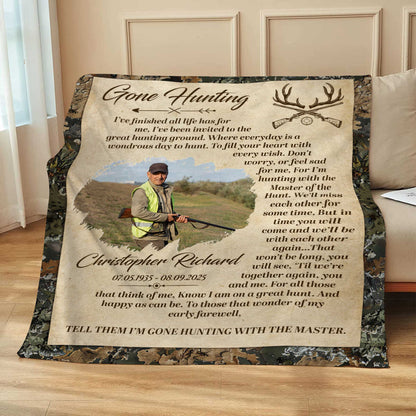Personalized hunter memorial blanket with custom photo print and Gone Hunting quote for sympathy remembrance gift image 6