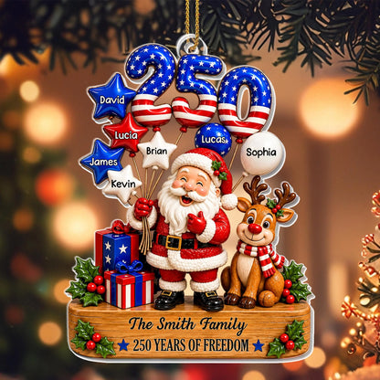 "250 Years Of Freedom" Personalized Family Acrylic Ornament - Santa Reindeer Christmas Keepsake