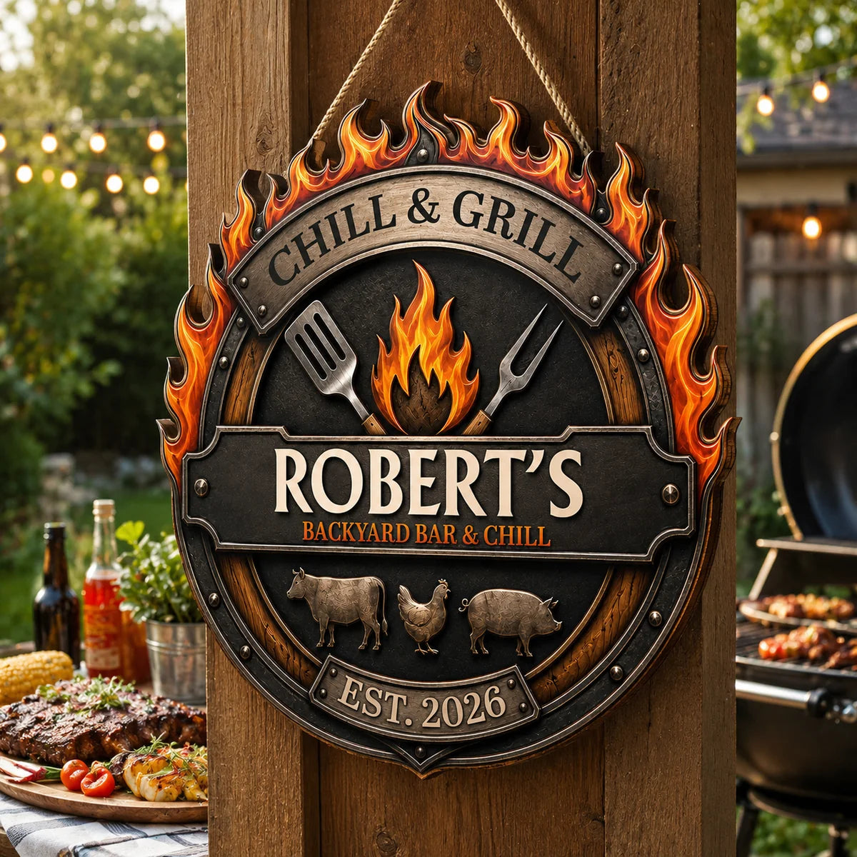 Chill & Grill Backyard Bar Personalized Wood Sign - Custom BBQ Grill Master Gift for Dad