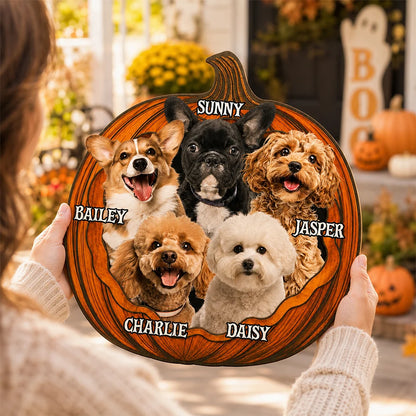 Custom Photo Pumpkin Halloween Pet Wood Door Sign - Personalized Dog & Cat Decor Gift