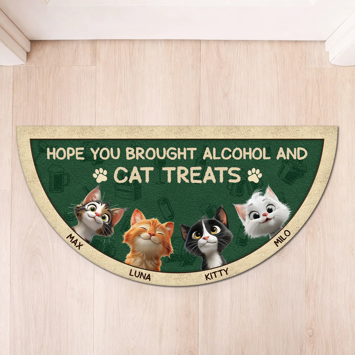 "Hope You Brought Alcohol And Cat Treats" Personalized Doormat - Custom Housewarming for Cat Lovers