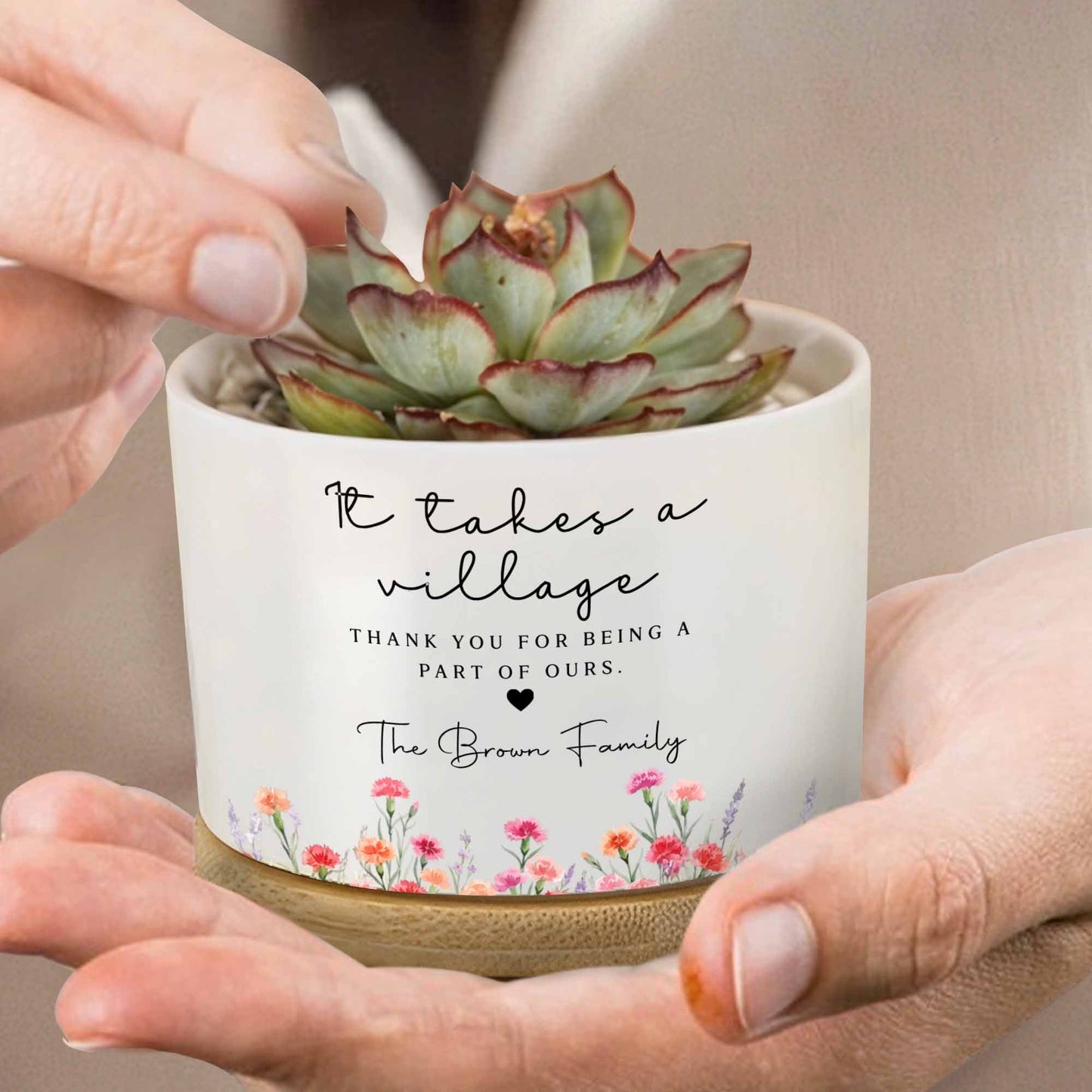 Wooden Ornament material and size view - Personalized Ceramic Plant Pot