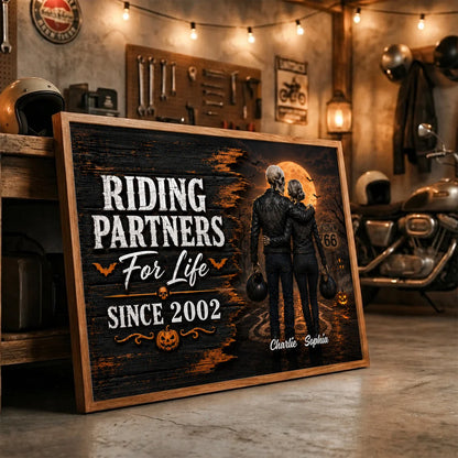 Riding Partners For Life Personalized Skeleton Biker Couple Canvas / Poster - Custom Anniversary Gift for Biker Couple