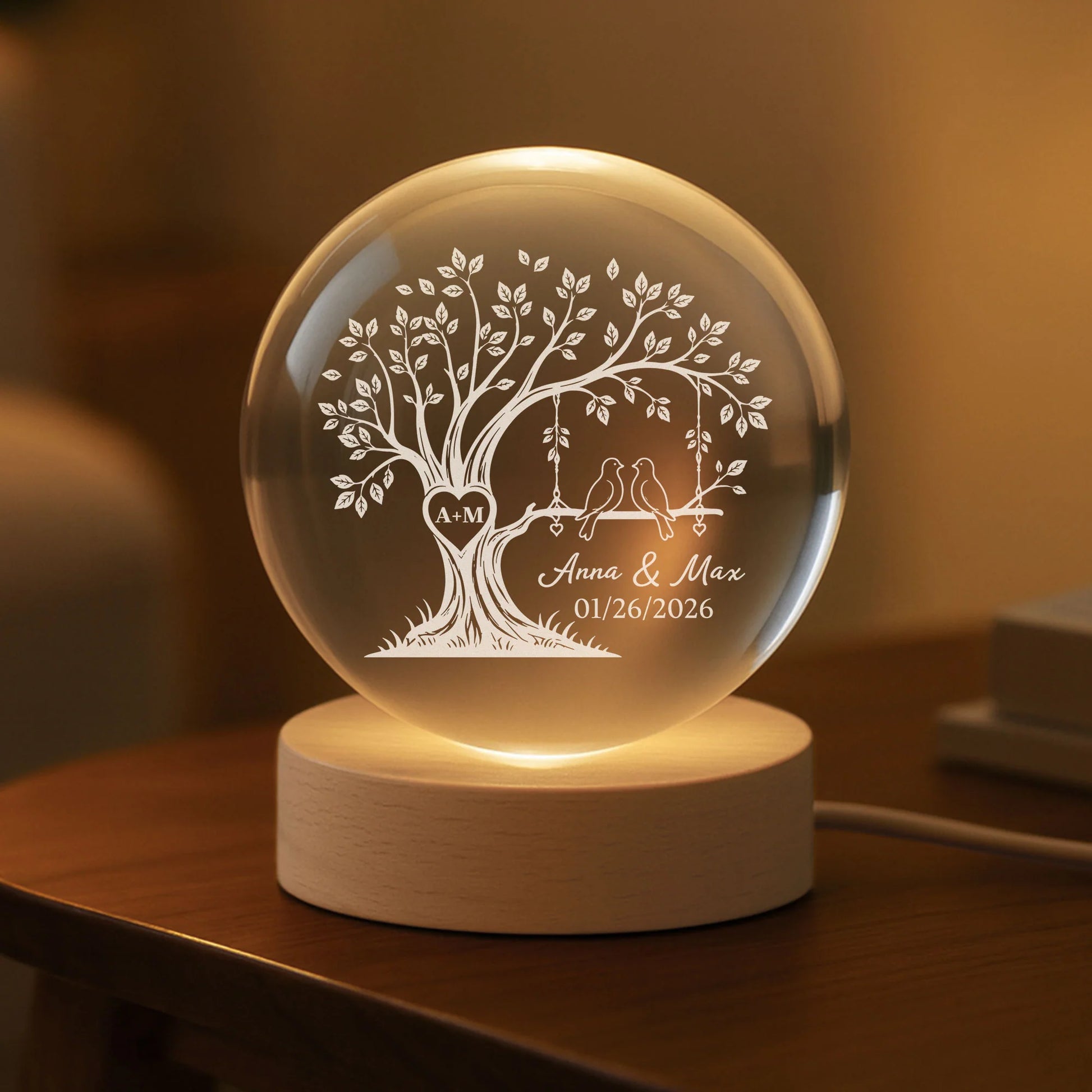 Love Birds on Heart Tree Custom Crystal Ball Lamp - Personalized Couple Anniversary Gift