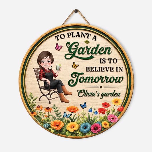 Custom garden wood sign with 'To Plant A Garden Is To Believe In Tomorrow' quote and colorful floral art for Mom