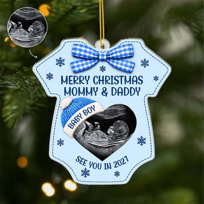 "Merry Christmas Mommy & Daddy" Ultrasound Acrylic Ornament - Custom Baby Sonogram Keepsake