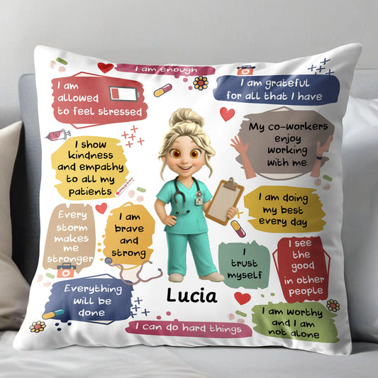 Personalized nurse pillow with custom character name and positive daily affirmations for healthcare workers