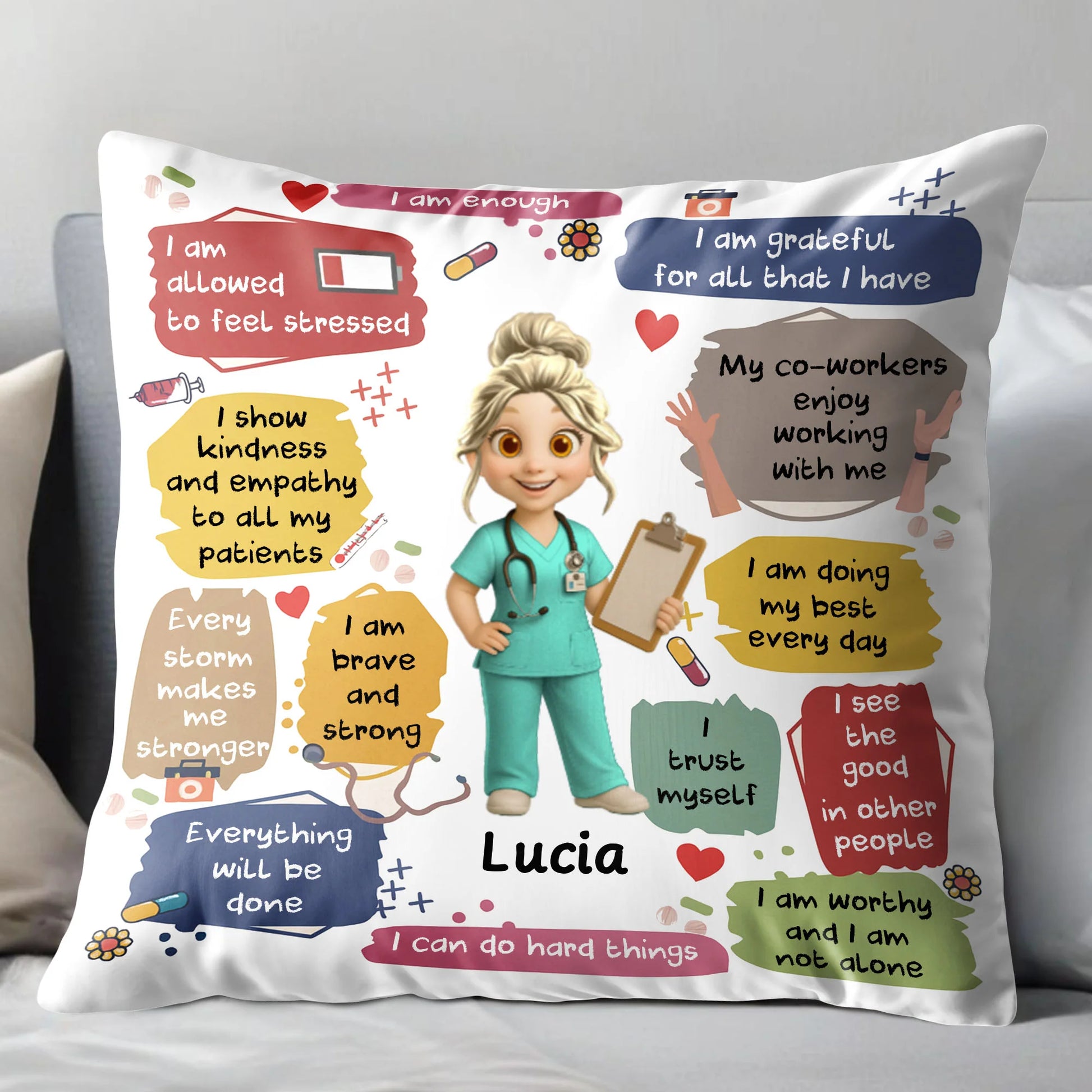 Personalized nurse pillow with custom character name and positive daily affirmations for healthcare workers