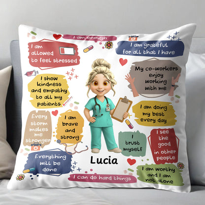 Personalized nurse pillow with custom character name and positive daily affirmations for healthcare workers