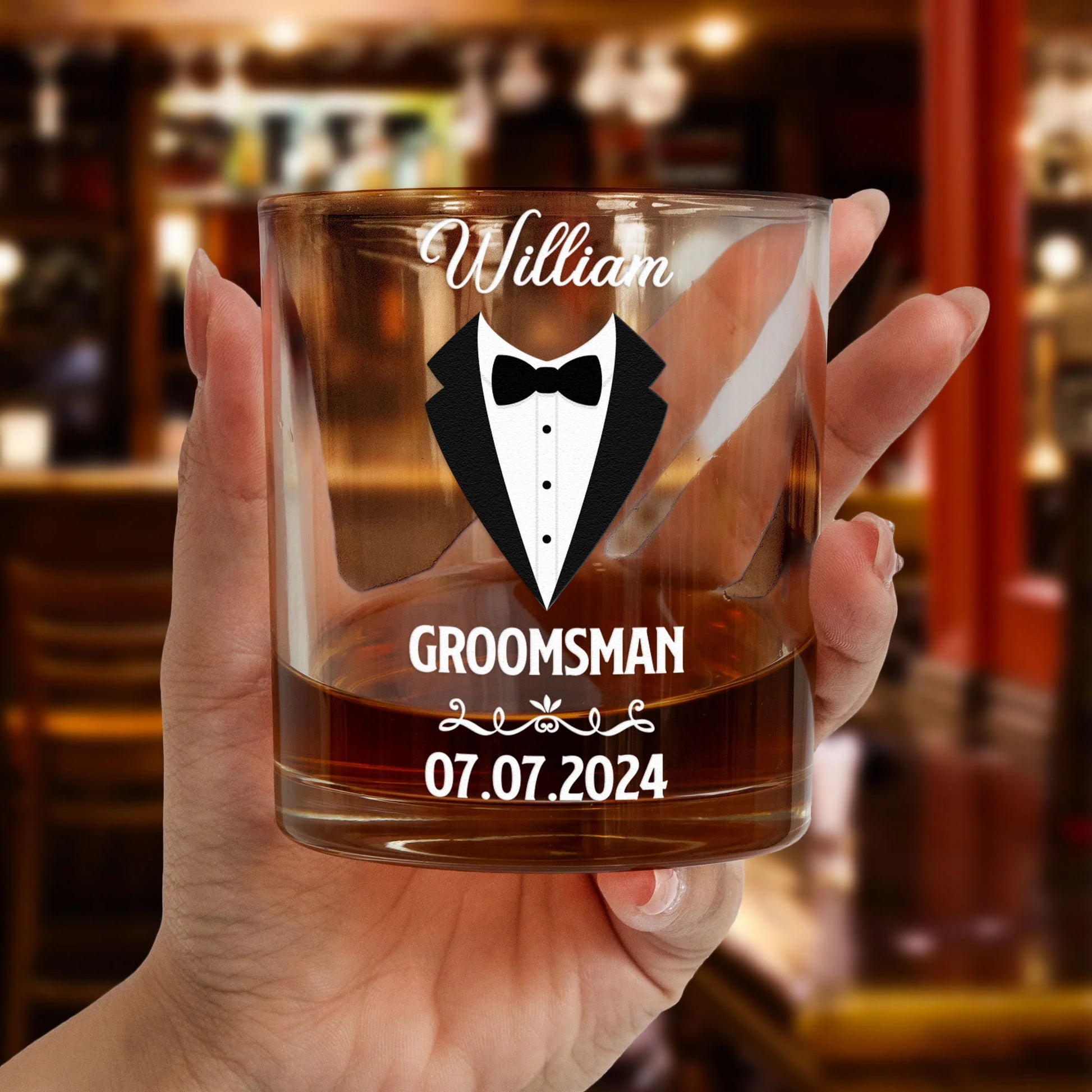 Personalized Groomsman Whiskey Glass personalization view for Bridesmaids / Groomsmen