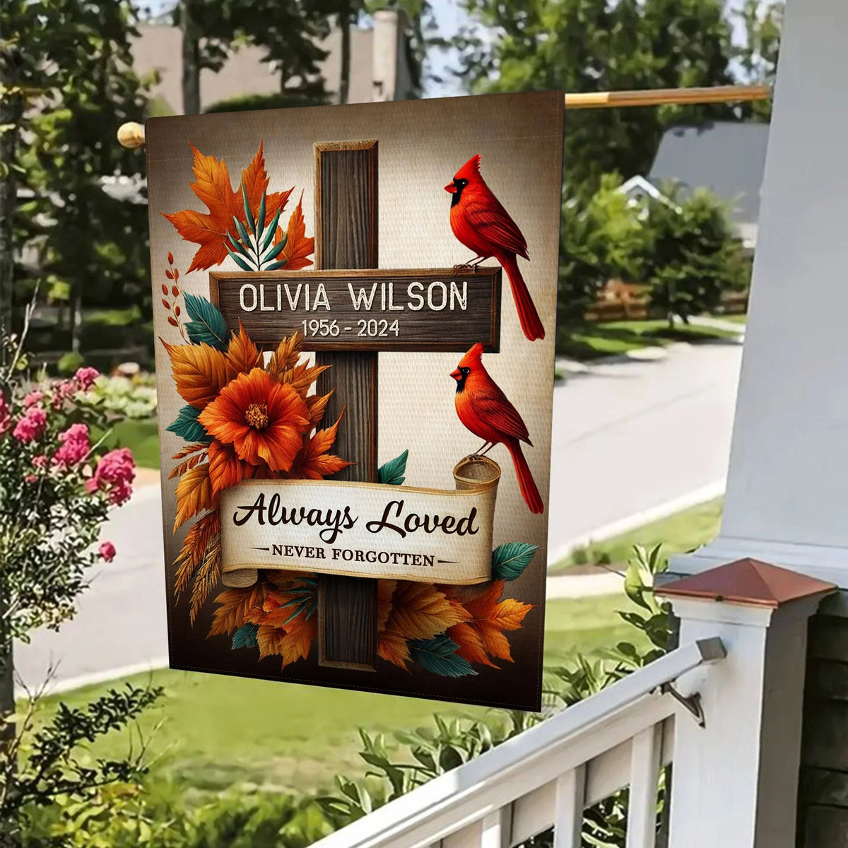 Always Loved Never Forgotten Personalized Garden Flag - Custom Cardinal Memorial Tribute Yard Flag for Family