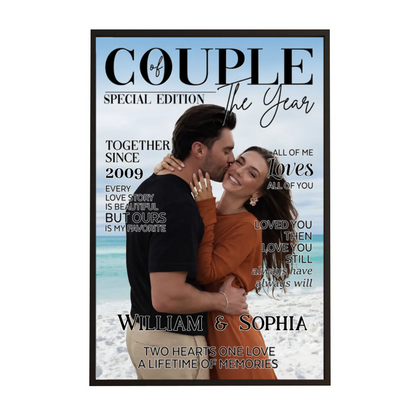 Personalized couple poster canvas designed as a Couple of The Year magazine cover with custom photos and names
