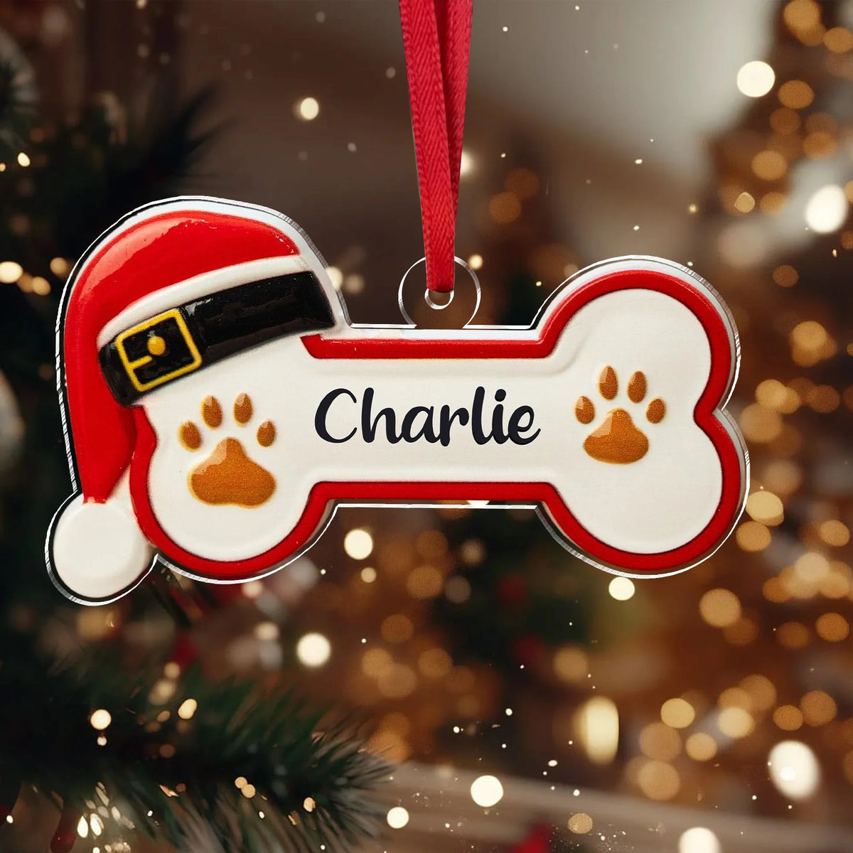 Custom Dog Bone Santa Hat Acrylic Ornament - Personalized Christmas Keepsake for Dog Lovers
