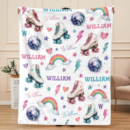 Personalized Roller Skate Blanket - Retro Disco Rainbow Custom Name Throw for Kids