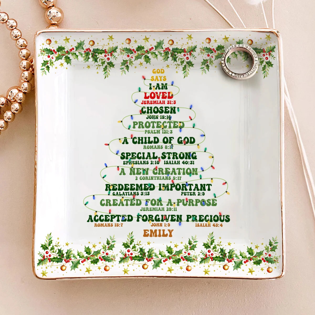 God Says I Am Personalized Ceramic Jewelry Dish - Custom Christian Christmas Trinket Tray