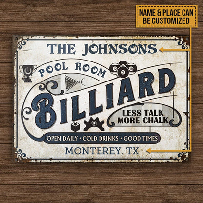 "Less Talk More Chalk" Personalized Billiard Metal Sign - Custom Pool Hall Decor