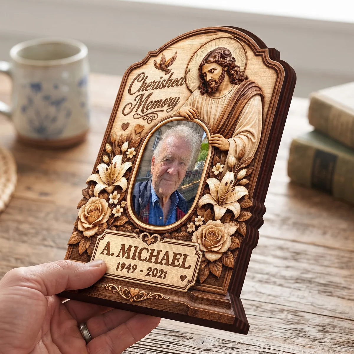 Cherished Memory Personalized Jesus Memorial Wooden Block - Custom Photo Remembrance Tribute Gift for Family