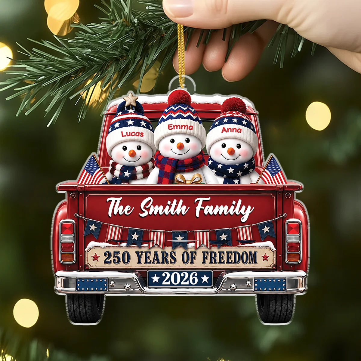 "250 Years of Freedom" Snowman Family Personalized Acrylic Ornament - Custom Patriotic Christmas Keepsake Gift