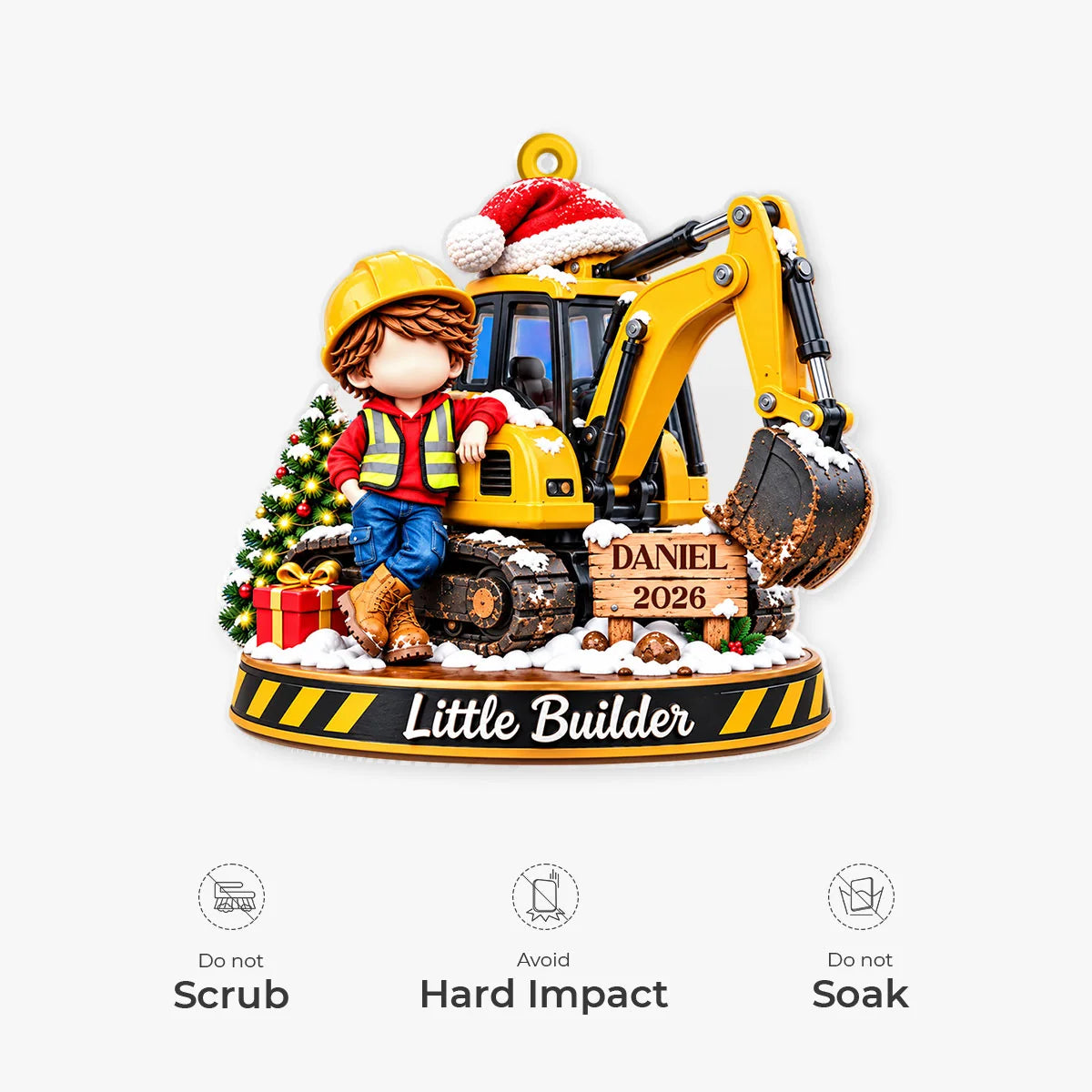 Little Builder Personalized Excavator Acrylic Ornament - Custom Christmas Keepsake Gift for Kids