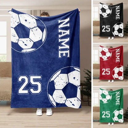 Custom soccer blanket personalized with player name and jersey number 25 in multiple colors for sports youth gifts