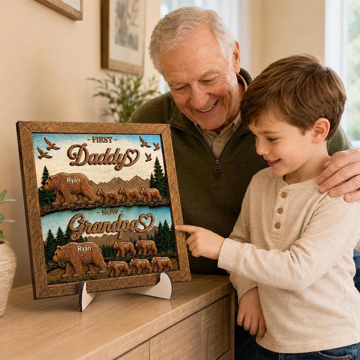 First Daddy Now Grandpa Bear Family Personalized Wooden Plaque - Custom Gift for Father, Dad, Husband