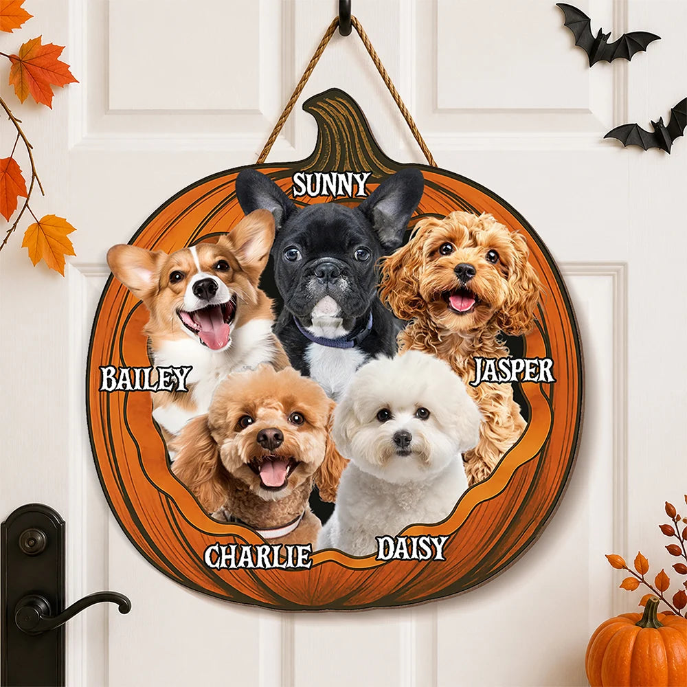 Custom Photo Pumpkin Halloween Pet Wood Door Sign - Personalized Dog & Cat Decor Gift
