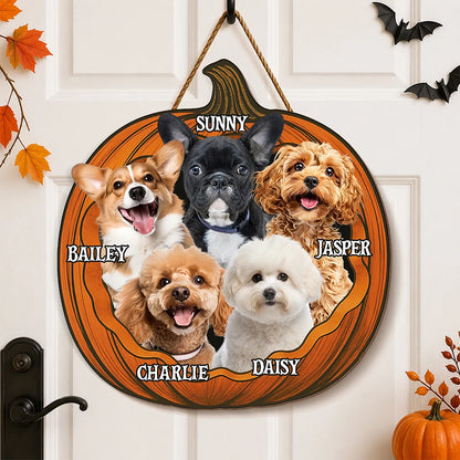 Custom Photo Pumpkin Halloween Pet Wood Door Sign - Personalized Dog & Cat Decor Gift