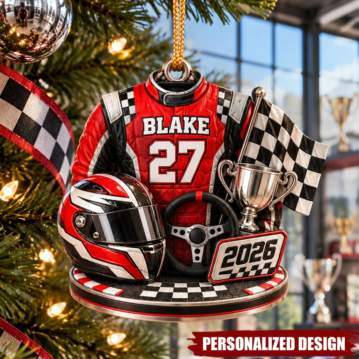 Custom Name Race Car Driver Christmas Ornament - Personalized Racing Suit Gift for Him